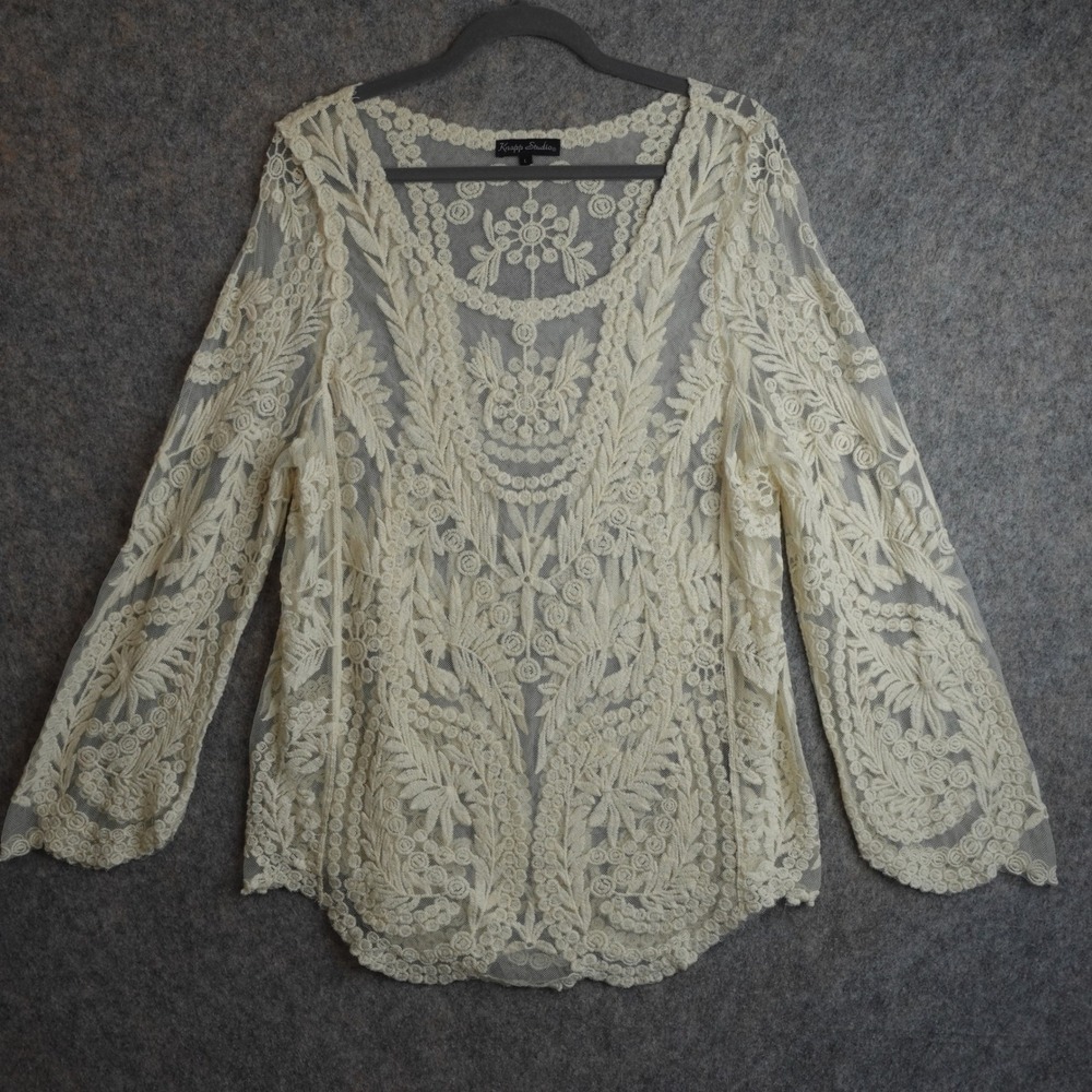 Womens Crochet Sheer Lace Mesh Top Cream Embroidered Boho Romantic Cottagecore L